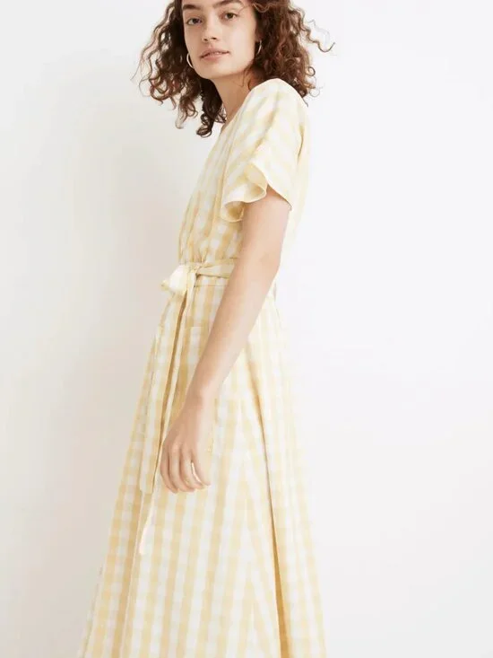 NWT Madewell Dolman-Sleeve Tie-Waist Midi in Pear Gingham Check Apron Dress 00 - Picture 2 of 9